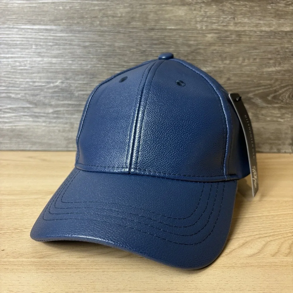 City Hunter Hat Cap Strap Back Navy Blue Faux Leather Mens OSFA PU Modern Style